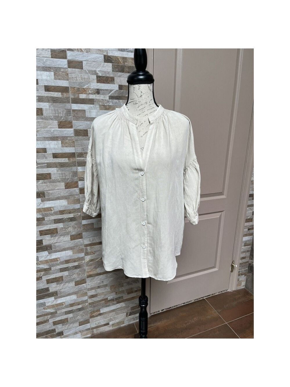 Zara women linen blend shirt tunic button down Beige Natural M and L - Picture 2 of 12